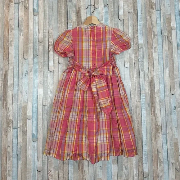 Laura Ashley 5 Vintage Girls Silk Smocked Lace Collar Plaid Dress Play Party - Picture 5 of 9